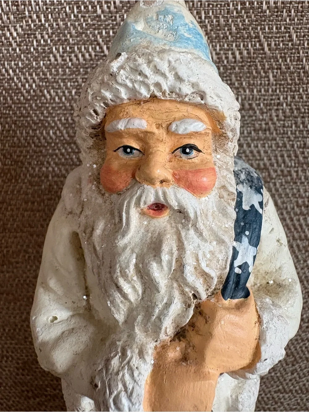 RAZ Imports White Father Christmas Santa Claus Figurine Blue Sack  Folk Art 7.5”